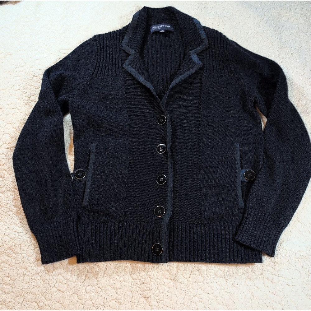Jones New York  Navy Blue Button Front Cardigan Sweater Ribbed Pockets Small
